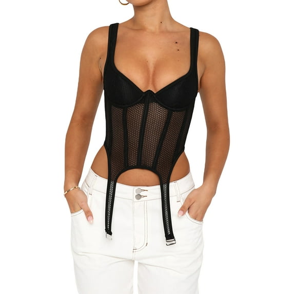 hirigin Women's Corset Tank Tops, Sleeveless V Neck Solid Color Hollow Out Bustier Crop Tops