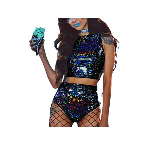 hirigin Women's Cosplay Shorts Set Double Holographic Reflective Backless Tank Tops + Drawstring Abdominal Shorts