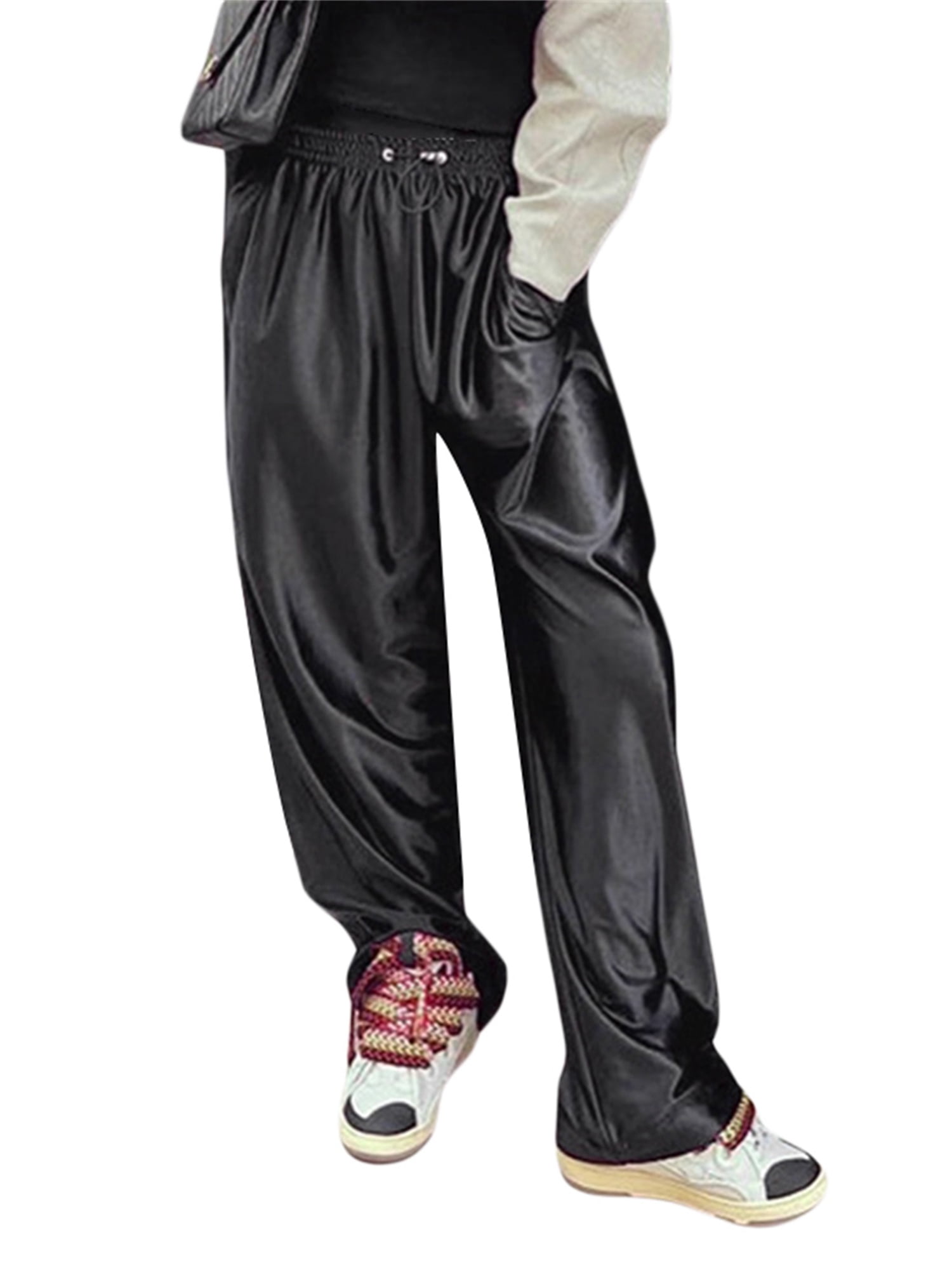 Black Satin Drawstring Wide Leg Pants