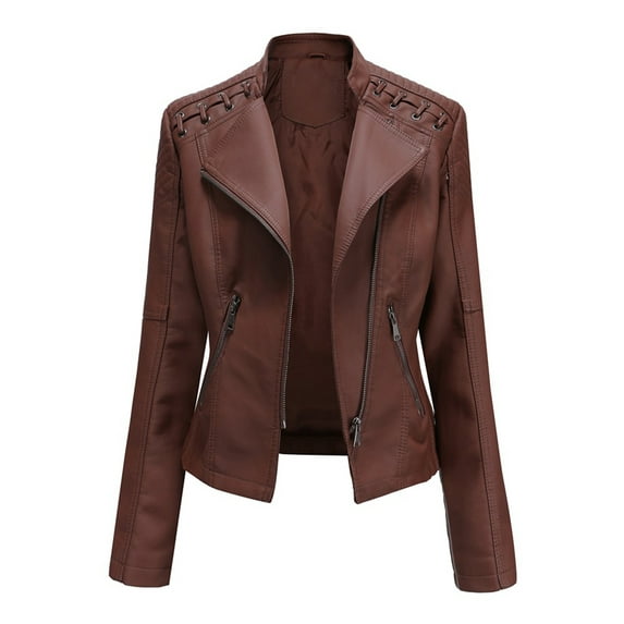 hirigin Women's Faux Leather Jacket Long Sleeve Lapel Zip Up Moto Biker Short Coat with Pockets