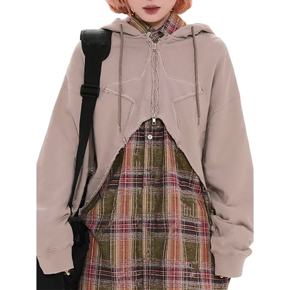 hirigin Women's Hooded Coat, Star Pattern Patchwork Zip-Up Drawstring Hat Irregular Hem Outerwear, Casual Simple Tops