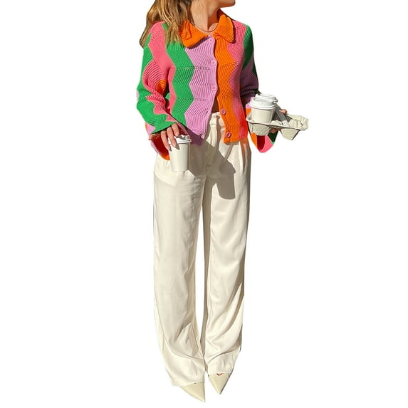 hirigin Women's Jacket Contrast Stripe Knit Long Sleeve Lapel Button Closure Loose Versatile Breathable Coat Tops