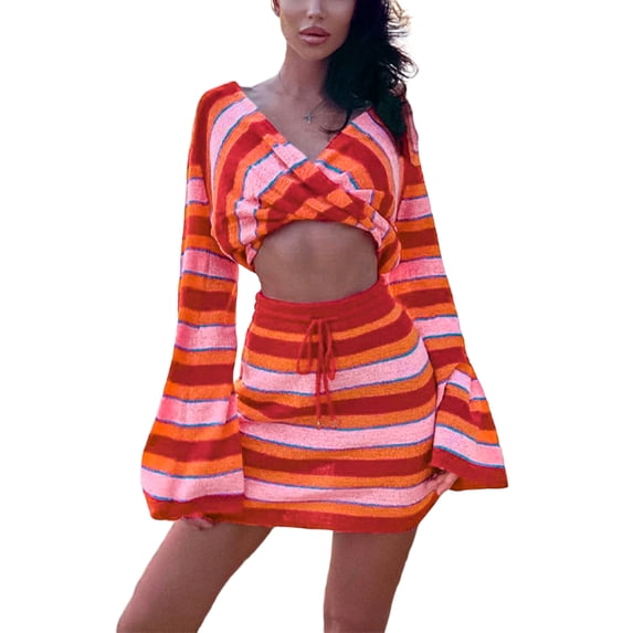 hirigin Women's Knitted 2 Piece Sets Casual Long Sleeve Crop Tops + High Waist Drawstring Shorts/Mini Skirts Knitwear Outfits