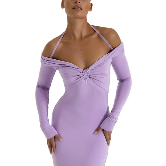 hirigin Women's Knotted Long Dress Long Sleeve Solid Color Hanging Neck Off Shoulder V-neck Back Split Bodycon Skirt Party Dress