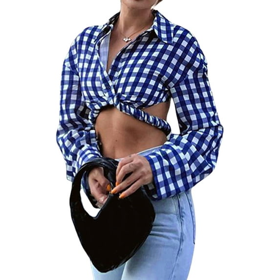 hirigin Women's Long Sleeve Crop Tops, Plaid Pattern Turn-Down Collar Button-Down Hollow Out Short Shirt, Casual Simple Tops
