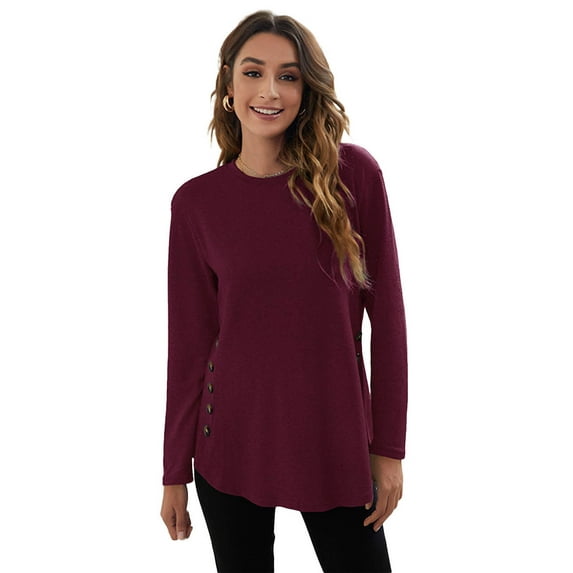 hirigin Women's Long Sleeved Round Neck Tops Solid Color Loose Tops Simple Side Button Tops Fashion Casual Tops Shirt