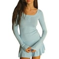 thumbnail image 1 of hirigin Women's Ribbed Knit Mini Dress, Long Sleeve Solid Color Button Front Slim Fit Flared Dress, 1 of 4
