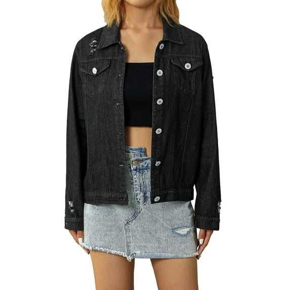 hirigin Women's Ripped Denim Jackets, Long Sleeve Button Up Slim Fit Distressed Jean Jackets