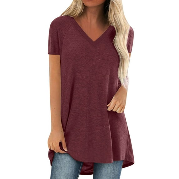 hirigin Women's Short Sleeve V-Neck Loose T-Shirt Cut Relaxed Solid Color T-Shirt Top