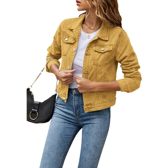 hirigin Women's Solid Color Denim Jacket, Casual Long Sleeve Button Down Chest Pocket Jean Jacket