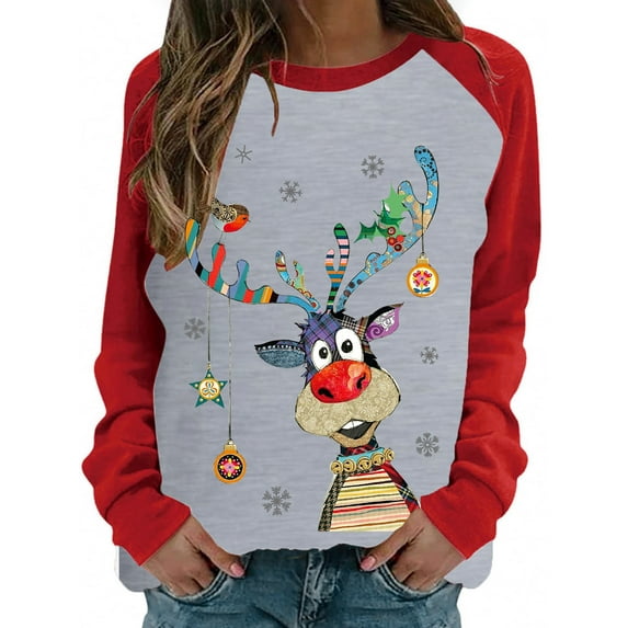 hirigin Women's Spring Autumn Casual Pullover Long Sleeve O Neck Deer Print Patchwork Sweatshirt