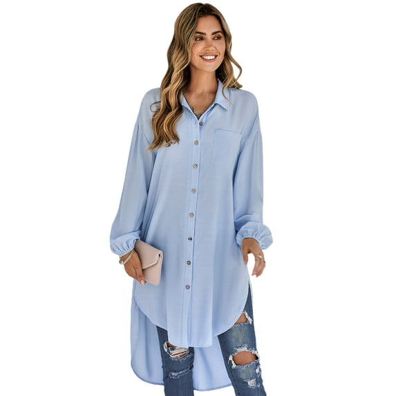 hirigin Women's Spring Autumn Long Shirt Solid Color Long Sleeve Irregular Hem Button Blouse