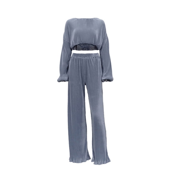 hirigin Women's Spring Autumn Outfit Sets Long Sleeve O Neck Crop Tops + Solid Color Wide Leg Pants