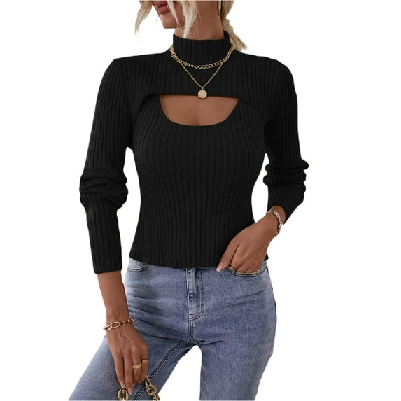 hirigin Women's Spring Autumn Outfit Sets Solid Color High Neck Short Knitwear + Ribbed Sling Vest