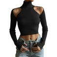thumbnail image 1 of hirigin Women's Spring Autumn Slim Crop Tops Solid Color Long Sleeve Cold Shoulder T-shirt, 1 of 6