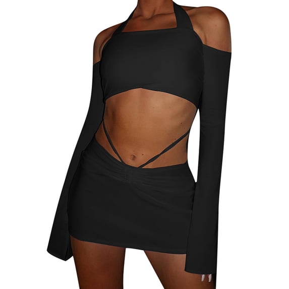 hirigin Women's Spring Summer Outfit Sets Long Sleeve Hanging Neck Crop Tops + Solid Color Mini Skirt