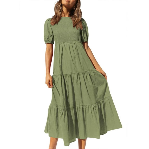 hirigin Women's Summer Dress Solid Color Short Sleeves Smocked Wrap Chest Ruffled Female Dress