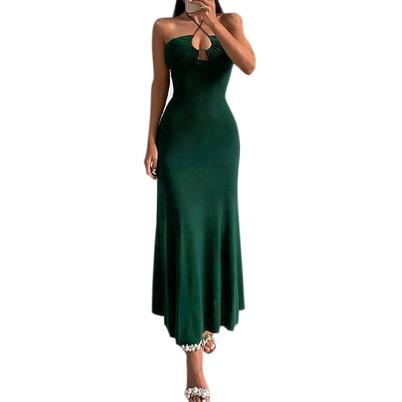 hirigin Women's Summer Slim Long Dress Solid Color Halter Neck Open Back Cutout Sleeveless Dress