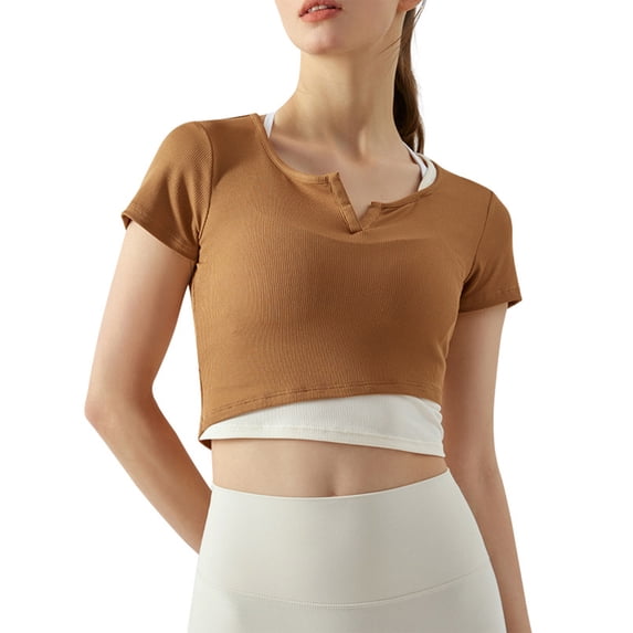 hirigin Women's Summer Slim Yoga T-shirts Short Sleeve V Neck Contrast Color Sports Tops