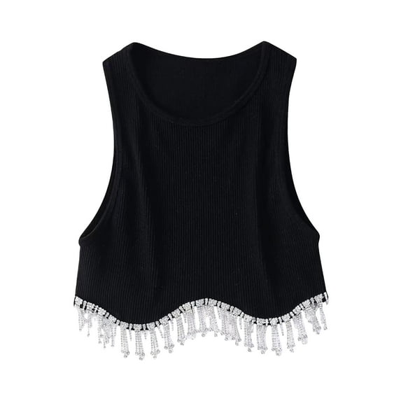 hirigin Women's Tank Tops Ribbed Sleeveless Round Neck Rhinestone Tassel Hem Design Summer Streetwear Tank Tops