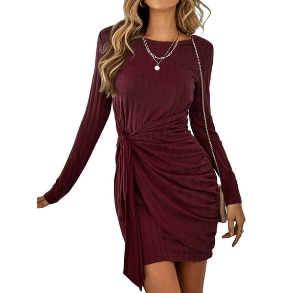 hirigin Women's Tie Waist Sweater Dress, Long Sleeve Round Neck Solid Color Ruched Knit Dress