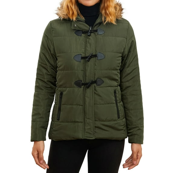 hirigin Women's Winter Slim Parka Jacket, Long Sleeve Horn Button Patchwork Plush Hood Coat with Side Pockets