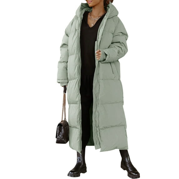 hirigin Women's Winter Warm Casual Long Coat Solid Color Long Sleeve Zipper Hooded Outerwear