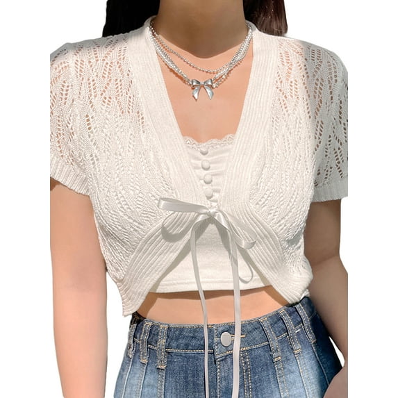 hirigin Women's knitted Crop Tops Short Sleeve Front Lacing Solid Hollowed Summer Casual Crop Top