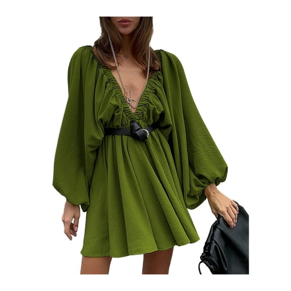 hirigin Womens Spring Autumn Short Dress Green Long Sleeve Deep V Neck Pleated A-line Backless Beachwear Sundress