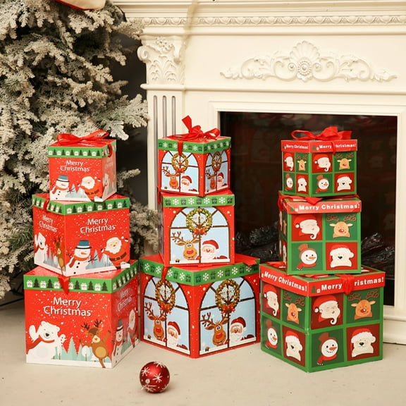 hiryomu 3Pcs Christmas Stackable Gift Boxes Xmas Tree Santa Snowman Nesting Box with Lids Holiday Party Supplies for Christmas Weddings Anniversaries
