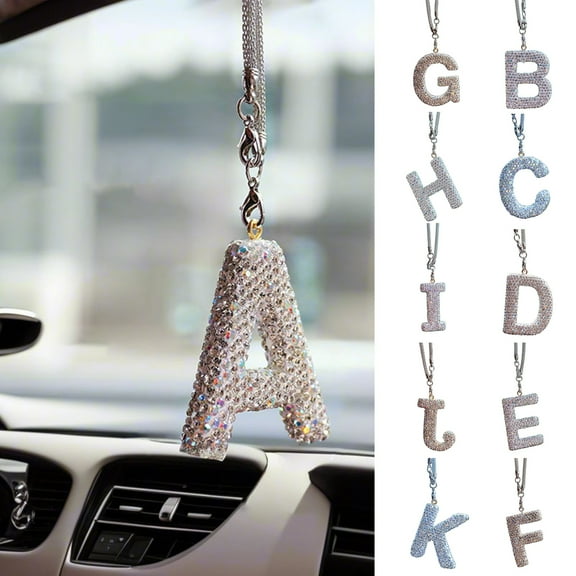 hiryomu Bling Car Letter Charm Faux Crystal Letter Pendant Car Rear View Mirror Hanging Rhinestone Alphabet Ornament for Car Tree Accessory