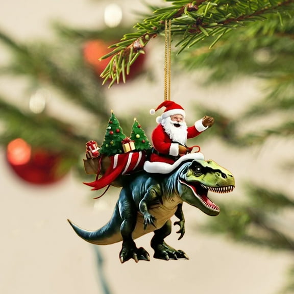 hiryomu Christmas Pendant Santa Claus on Dinosaur Ornament 2D Flat Acrylic Hanging Decoration for Christmas Tree Mantel Decor