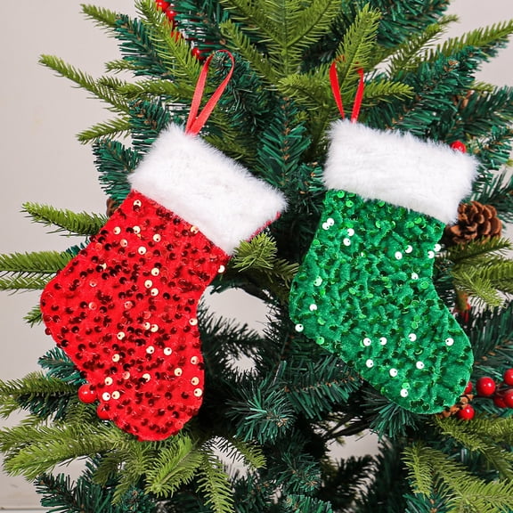 hiryomu Christmas Stocking Mini Sequin Present Bag with Plush White Rim Xmas Tree Hanging Candy Snack Sock Gift Bag Home Decoration