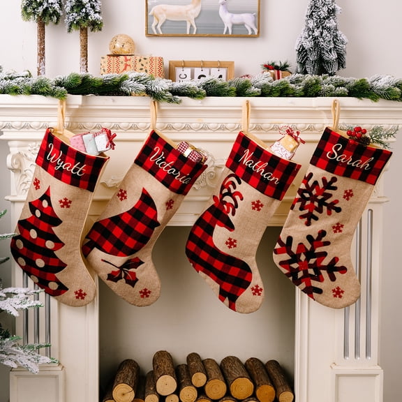 hiryomu Christmas Stockings Buffalo Plaid Christmas Stocking with Reindeer Snowflake Fireplace Hanging Stocking Decoration for Home Stair Decor