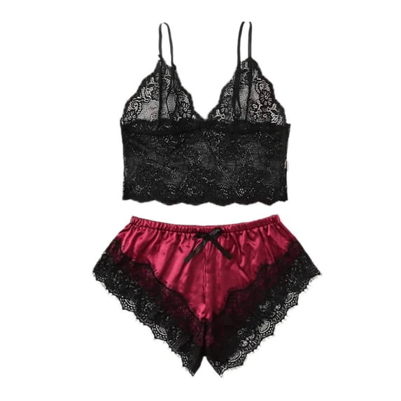 hiryomu Lace Nightwear Women’s Lace Pajama Set 2 Pcs Satin Bow Crop Top See-through Lace Patchwork Nightwear Lightweight Sleepwear for Home Wear Smooth