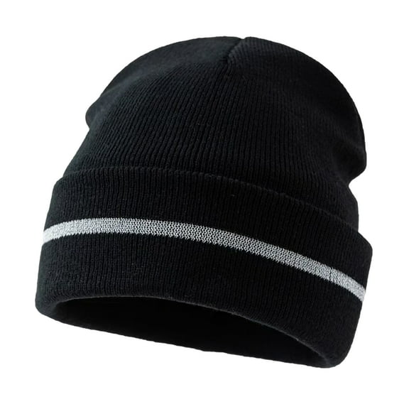 hiryomu Winter Hat Men Outdoor Hat with Reflective Stripe High Elasticity Keep Warm Solid Color Folded Brim Sport High-visibility Knitted for Construction