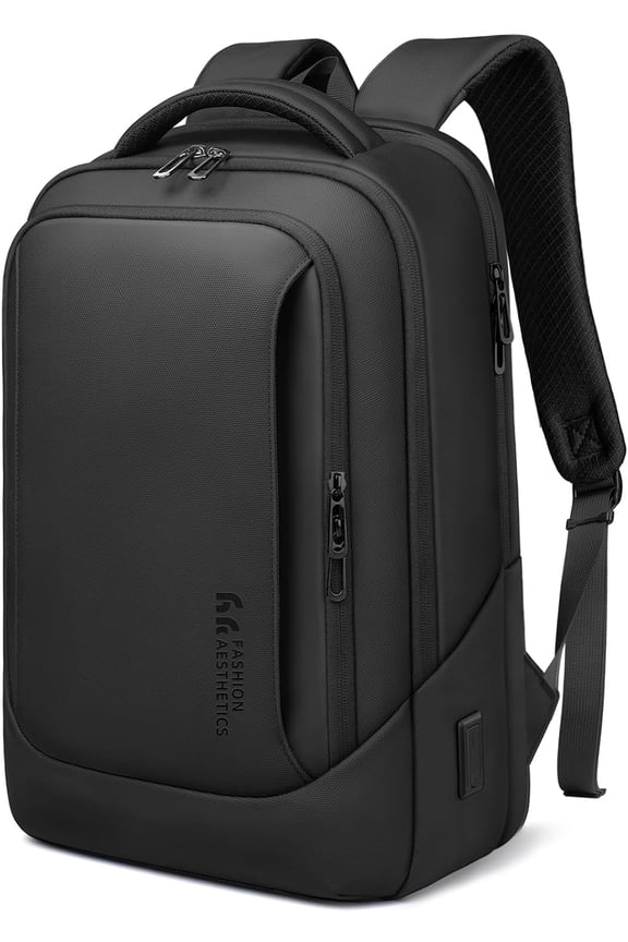 Laptop Backpack for Men with USB Charging Port Water-Resistant for 15.6 Inch Computer Bag Durable High-Tech Daypack Casual Backpack for Business Work College Weekender Travel-Black
