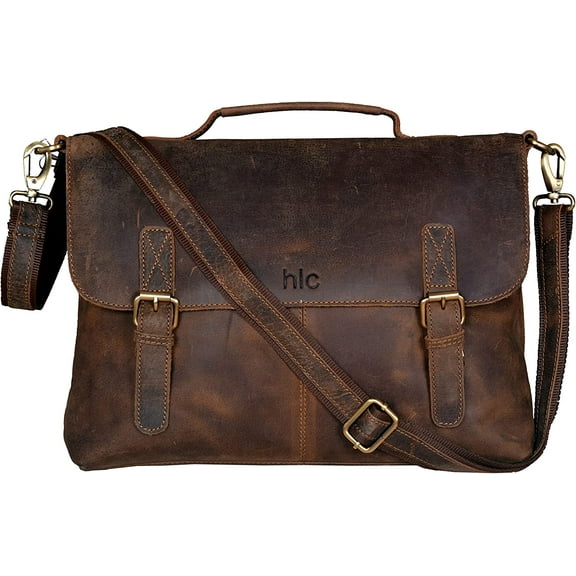 hlc Retro Genuine Buffalo Vintage Hunter Leather Men Laptop Messenger Shoulder Bag Office Briefcase College Bag For Men And Women By HLC (15 inch)