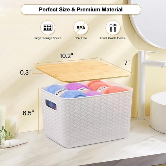 4 Packs Storage Bins with Bamboo Lids - Stackable Plastic Storage Containers for Home Office Closet Playroom Classroom