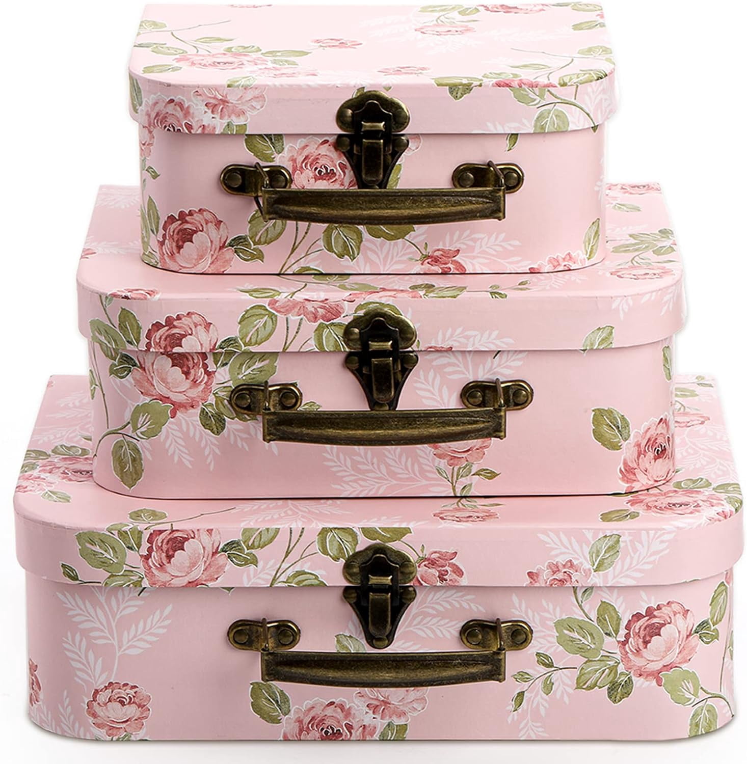 3 Pack Paperboard Suitcases Storage Box With Lids - Decorative Gift Boxes for Photo Storage, Home Decoration, Wedding, Birthday, Anniversary - Pink