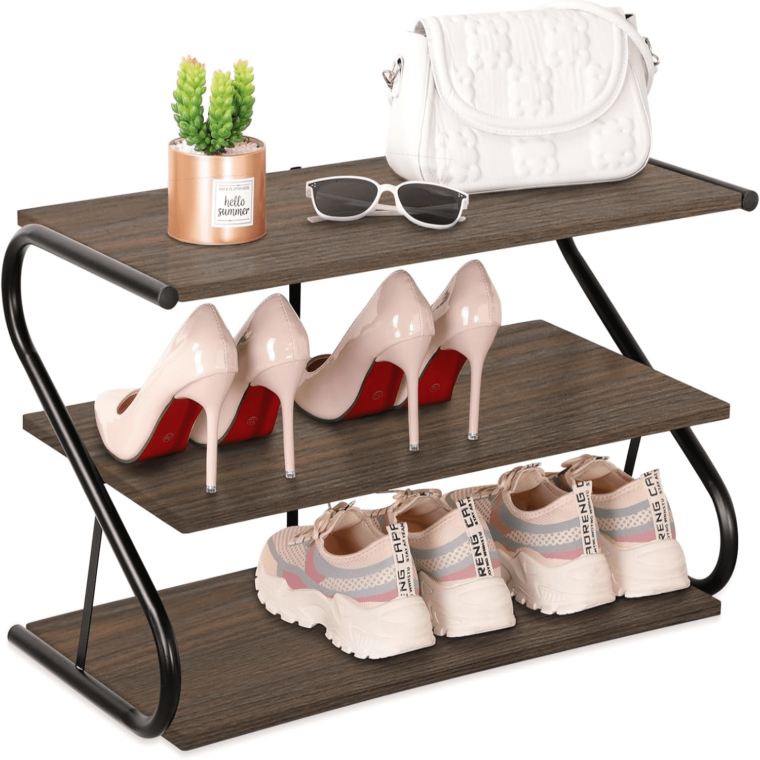 sasyxdc Shoe Rack 3 Tier Z-Shaped Shoe Racks for Closet Wood Framed ...