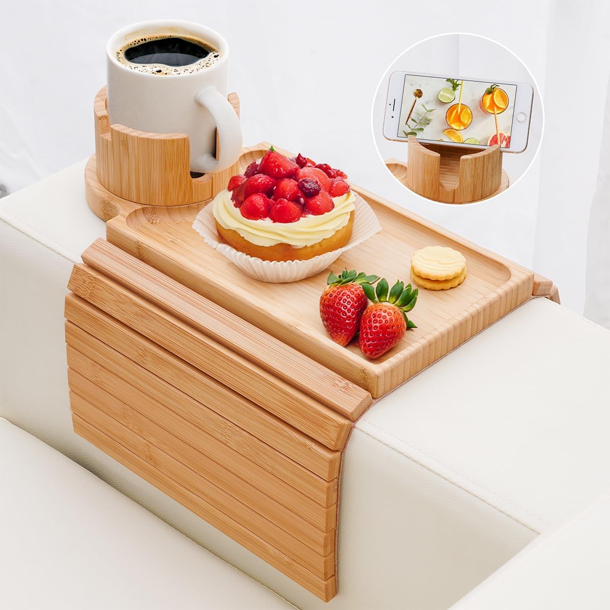 Foldable Bamboo Armrest Tray For Couch - Anti-Slip Snack Table For Food, Drinks, Remote Control
