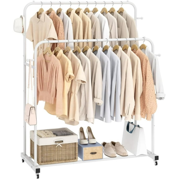 Double Rod Clothes Hanger with Wheels, Hanger for Hanging Clothes, 4 Hooks, Multifunctional Bedroom Clothes Hanger