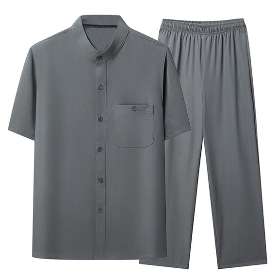 hlysgo 2 Piece Outfits for Men Casual Stand Collar Short Sleeve Button Down Shirts and Pants Sets Vacation Travel Set Summer Spring Going Out Outfit Dark Gray,XL