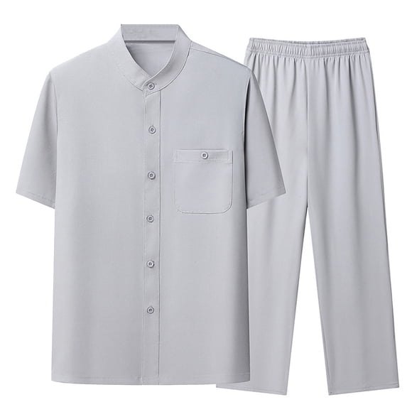 hlysgo 2 Piece Outfits for Men Casual Stand Collar Short Sleeve Button Down Shirts and Pants Sets Vacation Travel Set Summer Spring Going Out Outfit Gray,M