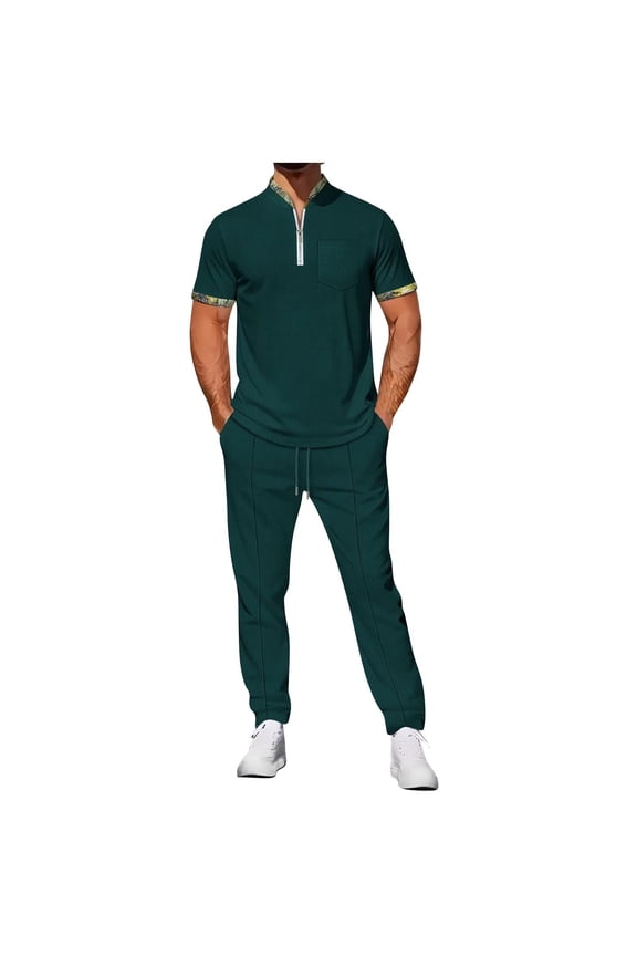 2 Piece Outfits Men Zip up Pullover and Pants Vacation Travel Sets Workout Tracksuits Sets for Men Trendy Waffle Going Out Outfit Army Green,S