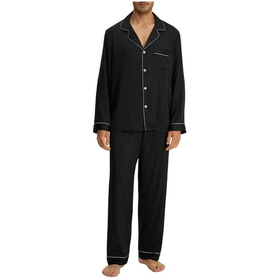 hlysgo 2 Piece Pajama Set Men Soft Button Down Notch Collar Sleepwear Shirts Night Bottoms Comfy Lounge Sets Cozy Solid Color Matching Pjs Set Black M