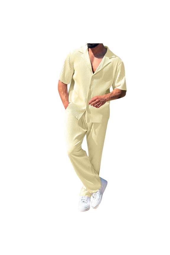 2 Piece Pants Sets for Men Casual Ribbed Short Sleeve Button Down Shirts and Pants Spring Outfits Relaxed Fit Summer Going Out Outfit Beige,XXL