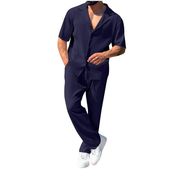 Jessboyy 2 Piece Pants Sets for Men Casual Ribbed Short Sleeve Button Down Shirts and Pants Spring Outfits Relaxed Fit Summer Going Out Outfit Navy,S