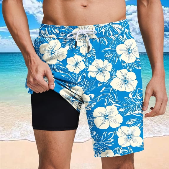 hlysgo 9 Inch Swim Trunks Men Trendy Tropical Printed Swim Trunks with Liner Beach Bathing Suit Shorts with Pocets Drawstring Board Shorts Blue XXL